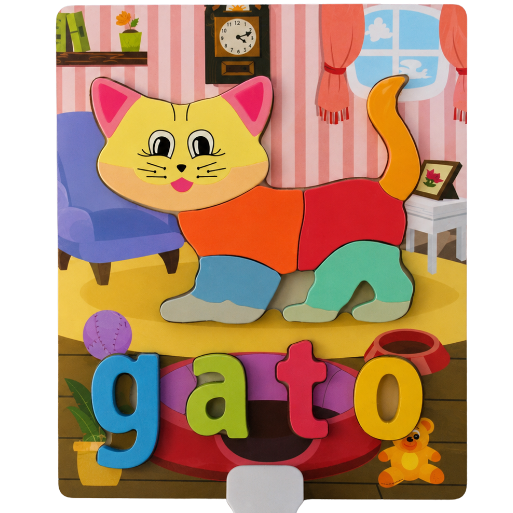 Rompecabezas Montessori de Madera: Encastre de Nombre y Formas de Gatito